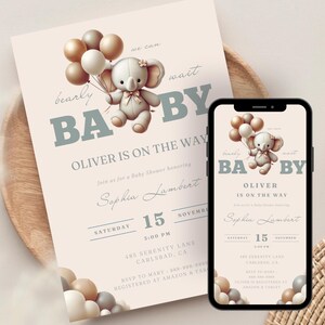 Linda invitación para baby shower con elefante, invitación para baby shower con globos para niño y niña, tarjeta azul para baby shower de mamá, revelación de género DIY, descarga instantánea