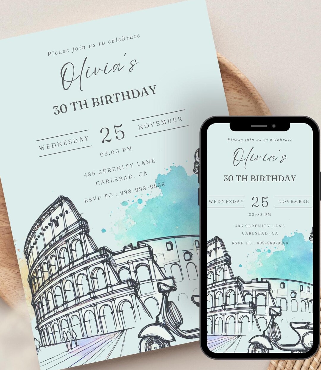 Rome Birthday Invitation | Editable Colosseum, Scooter (digital File ...