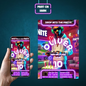 Invitación a una fiesta de videojuegos / Invitación de cumpleaños de videojuegos / Tarjeta de cumpleaños personalizada para niños / Plantilla de láser de neón imprimible, descarga instantánea FRT2