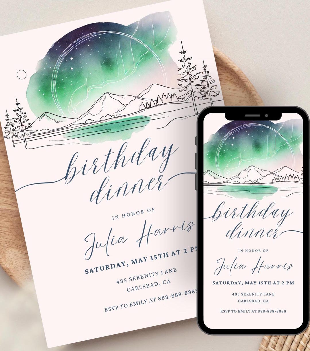 Scandi Einvite Aurora Borealis Birthday Invitation | Scandinavian Mountain Design ...
