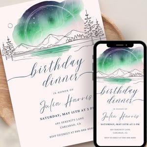 Modello di invito di compleanno nordico / Invito personalizzato per la montagna / Aurora boreale scandinava modificabile / Download immediato