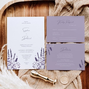 DIY Lavendel Hochzeitseinladungsvorlage - Bearbeitbare druckbare Hochzeitseinladungsreihe - Boho Blumeneinladung - Weiß & Lila Antwortkartendetails