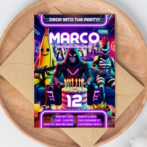 Invitation à une fête de jeux vidéo | Invitation d'anniversaire de jeu | Carte d'anniversaire personnalisée pour enfants | Modèle laser néon imprimable | téléchargement immédiat