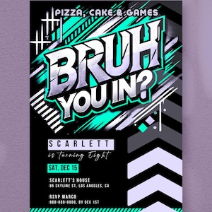 Bruh You In invita Pizza & Games Party Invitation / Biglietto di compleanno modificabile / Modello tema graffiti al neon per qualsiasi età / Download immediato di Canva