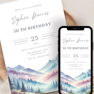 Invito di compleanno Boho Mountain / Invito di compleanno scandinavo nordico modificabile / Modello digitale fai da te per alba e tramonto ad acquerello da scaricare