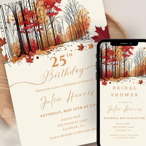 Puede incluir: Una invitación con temática otoñal para un 25º cumpleaños o una despedida de soltera. La invitación presenta una ilustración de acuarela de un bosque con hojas rojas y naranjas. El texto de la invitación dice "25º Cumpleaños" y "Julia Harris". La invitación también incluye la fecha, la hora y el lugar del evento.