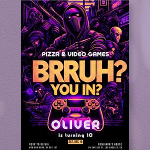 Invitación de cumpleaños de videojuegos / Invitación a una fiesta de videojuegos / Plantilla de cumpleaños con láser de neón para niños personalizada / Bruh you in / Descarga instantánea de Canva