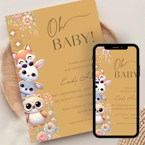 Convite personalizado para chá de bebê dourado, convite para brunch de bebê menino, cartão de chá de bebê com glitter faça você mesmo, modelo de download instantâneo para revelação do sexo do animal fofo