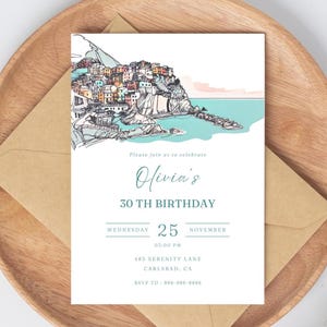 Faire-part d'anniversaire de la côte de l'Italie, invitation d'anniversaire personnalisée des Cinque Terre, carte de fête méditerranéenne bricolage, téléchargement immédiat de toile numérique