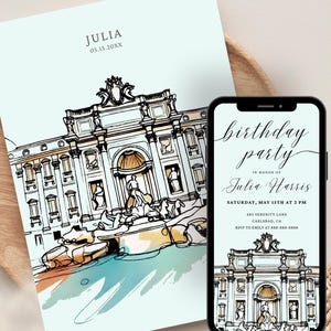 Gepersonaliseerde Roma-verjaardagsuitnodiging | Bewerkbare Italië romantische DIY-verjaardagsuitnodiging | Trevifontein aquarelverf, afdrukbare feestkaart