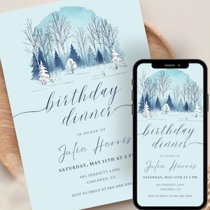 Modello di invito di compleanno invernale nordico / Invito personalizzato per cena nella foresta scandinava / Biglietto di compleanno blu modificabile / Download immediato