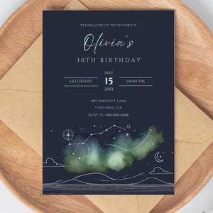 d'invitation d'anniversaire nordique | Invitation personnalisée galaxie lune étoiles | Carte scandinave modifiable d'aurore boréale | Téléchargement instantané