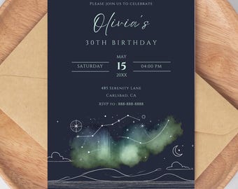 May include: A navy blue invitation card with white text announcing Olivia's 30th birthday party. The card features a watercolor illustration of a starry night sky with a constellation and a crescent moon.