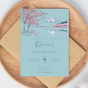 Cherry Blossom Birthday Invitation Template | Editable Japanese Mountain Party invite | Personalized Mount FUJI Card | Instant Download