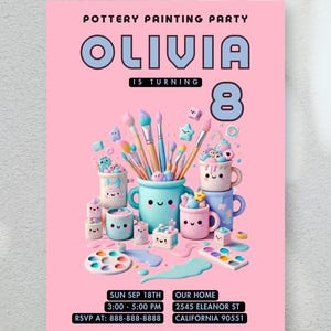 Aardewerk verjaardagsuitnodiging l bewerkbare klei schilderij feestuitnodiging | Afdrukbaar schilderij meisje meisje, Kids Craft DIY, canvas direct downloaden