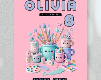 Puede incluir: Una invitación rosa para una fiesta de pintura de cerámica para el octavo cumpleaños de Olivia. La invitación presenta una ilustración colorida de pinceles, botes de pintura y otros materiales de arte. El texto de la invitación dice: "Pottery Painting Party Olivia cumple 8 años Sun Sep 18th 3:00 - 5:00 PM RSVP AT: 888-888-8888 Our Home 2545 Eleanor St California 90551"
