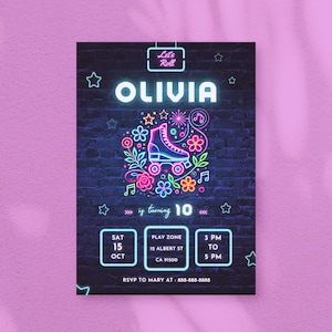 Skateparty-uitnodiging | Rolschaatsen verjaardagsuitnodiging | Gepersonaliseerde verjaardagskaart voor meisjes | DIY Glow Neon-sjabloon | Directe Canva-download