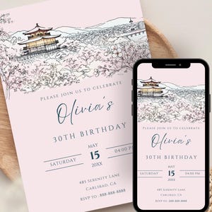 Modello di invito di compleanno con fiori di ciliegio / Invito alla festa di montagna giapponese pastello modificabile / Scheda personalizzata con il monte FUJI con download immediato