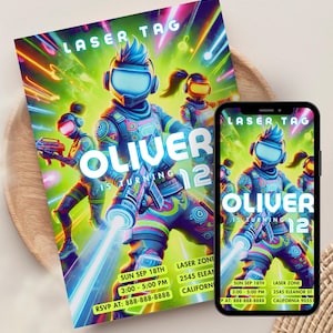 Invito per festa Laser Tag / Invito per compleanno Laser Game / Biglietto di auguri personalizzato per bambini / Modello per festa per ragazzi stampabile, download immediato