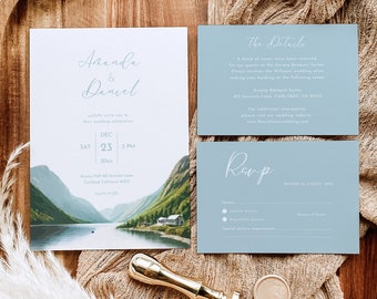 Invitaciones de boda con acuarela de montaña – Río Azul, editables (descarga digital)