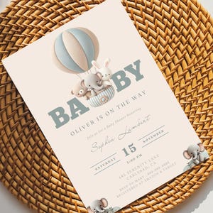 Invitación editable para baby shower con elefante, invitación para baby shower con globos para niño y niña, tarjeta para baby shower con diseño azul para mamá, revelación de género DIY, descarga instantánea