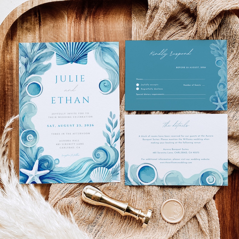 Personalized Seashell Wedding Invitation Template - Editable Blue Ocean Wedding Invite Printable ...