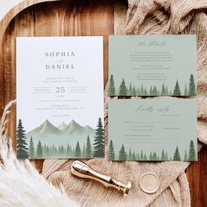 Modello di invito per matrimonio in montagna ad acquerello - Invito per matrimonio modificabile nella foresta nordica Dettagli della scheda RSVP stampabile - Download digitale di Canva