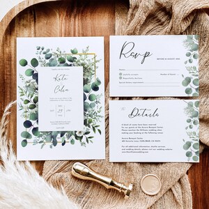 Modello personalizzato di invito a nozze in eucalipto - Dettagli RSVP verde Biglietto di ringraziamento - Pacchetto stampabile matrimonio fai da te Download digitale