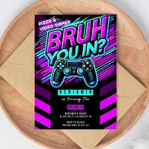 Invitación de cumpleaños de videojuegos / Invitación a una fiesta de videojuegos / Plantilla de cumpleaños con láser de neón para niños personalizada / Bruh you in / Descarga instantánea de Canva