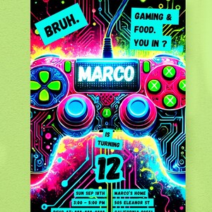 Invitación de cumpleaños de videojuegos / Invitación a una fiesta de videojuegos / Tarjeta de cumpleaños personalizada para niños / Plantilla láser de neón imprimible / Descarga instantánea