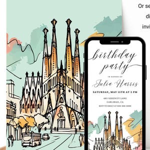 Modèle modifiable d'invitation d'anniversaire à Barcelone | Invitation personnalisée d'anniversaire de souvenir de l'Espagne | Peinture DIY Gaudi Park Guell, téléchargement immédiat