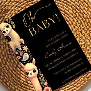 Convite para chá de bebê dourado faça você mesmo, convite para brunch de bebê menino, cartão de chá de bebê com glitter personalizado, modelo de download instantâneo para revelação do sexo do animal fofo