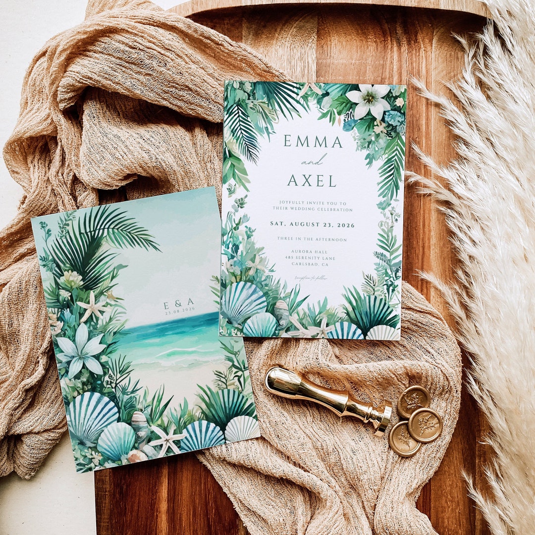 Editable Beach Wedding Invitation Template – Ocean Seashell Design ...