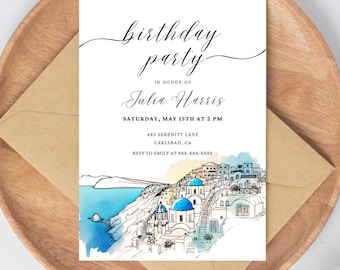 Santorini Birthday Invitation Template, Greek Island Party (Digital)