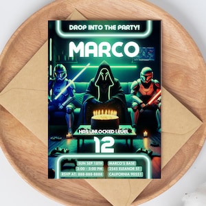 Invitation d'anniversaire de jeu vidéo | Invitation fête de jeu | Carte d'anniversaire personnalisée pour enfants | Modèle laser néon imprimable | téléchargement immédiat