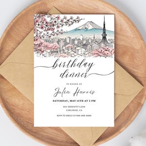 Cherry Blossom Birthday Invitation Template | Editable Japanese Mountain Party invite | Personalized Mount FUJI Card | Instant Download