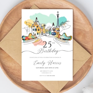 Modèle modifiable d'invitation d'anniversaire à Barcelone | Invitation personnalisée d'anniversaire de souvenir de l'Espagne | Peinture DIY Gaudi Park Guell, téléchargement immédiat