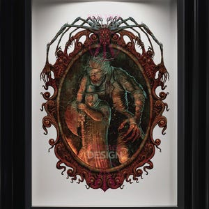 May include: Framed artwork featuring a detailed illustration of two figures within an ornate, oval frame. The artwork has a dark, gothic theme with a spider-like creature above the frame. The text "DESIGN" is visible.