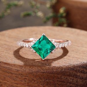 Princess cut lab emerald engagement ring, vintage wedding ring, rose gold bridal ring, half eternity diamond/moissanite ring, promise ring