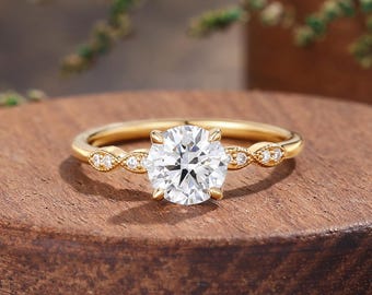 Vintage Milgrain Yellow Gold Engagement Ring, Lab Diamond Half Eternity Bridal Jewelry