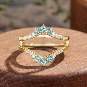 Enhancer wedding band women, moss agate moissanite ring, rose gold ring jacket, yellow gold ring guard, double band white gold matching ring