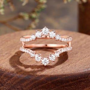 Moissanite enhancer wedding band, rose gold ring jacket, half eternity ring guard, double band bridal ring, curved stackable ring for women