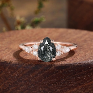 Pear shaped black rutilated quartz ring, vintage rose gold engagement ring, marquise cut diamond wedding ring, anniversary bridal ring women