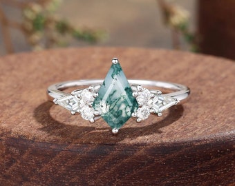 Anillo de compromiso de ágata musgo cometa, diamante estilo art déco vintage, anillo de boda de oro blanco