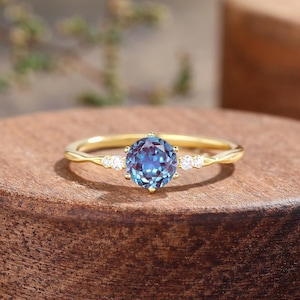 Lab alexandrite engagement ring, 14k yellow gold wedding ring, unique twist ring, vintage bridal ring, anniversary ring, promise ring women