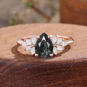 Pear shaped rutilated quartz ring, vintage rose gold engagement ring, marquise cut moissanite/diamond wedding ring, unique bridal ring women