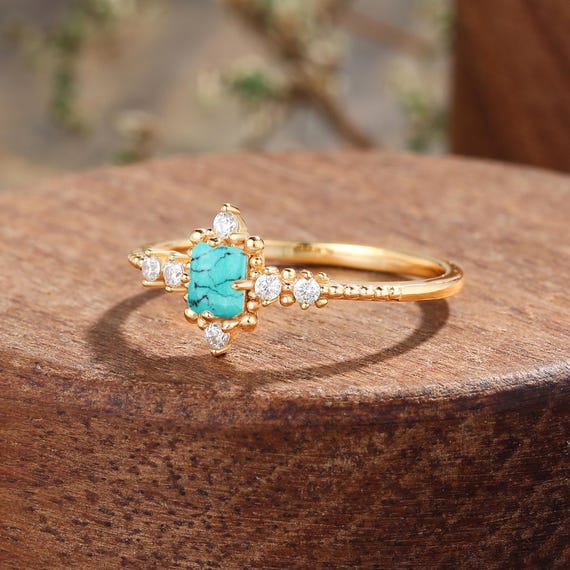 Turquoise Engagement Ring, 14k Rose Gold Wedding Ring, Vintage