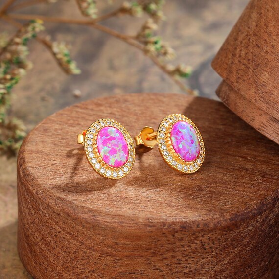 Oval Cut Lab Opal Earrings, Vintage Yellow Gold Earrings, Diamond