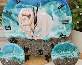 Handgemachte Resin Ocean Uhr - Meerjungfrau Strand Welle Wand Kunst Home Dekoration