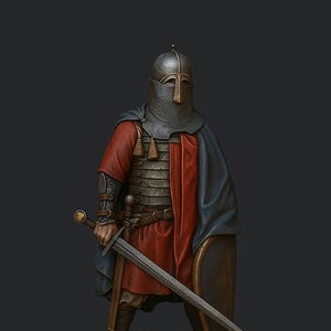 Pode incluir: Figura detalhada de um cavaleiro medieval em armadura completa, segurando uma espada e um escudo. O cavaleiro usa um capacete, cota de malha e uma túnica vermelha sob uma capa azul. A figura está em uma base circular.